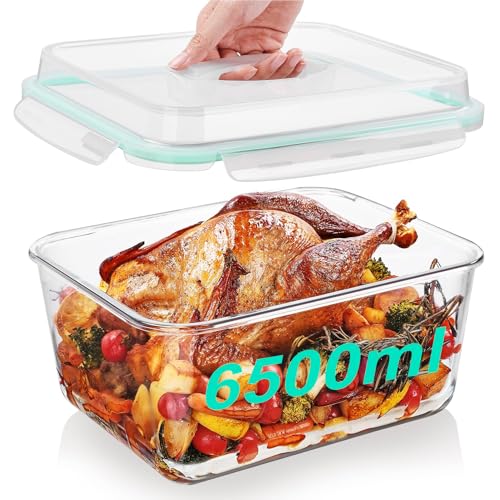 DeJivsin Grande boîte de Conservation en Verre de 6.5 l Avec Couvercle, Hermétique, Passe au Congélateur, Boîte Alimentaire Hermétique Extra Large pour...