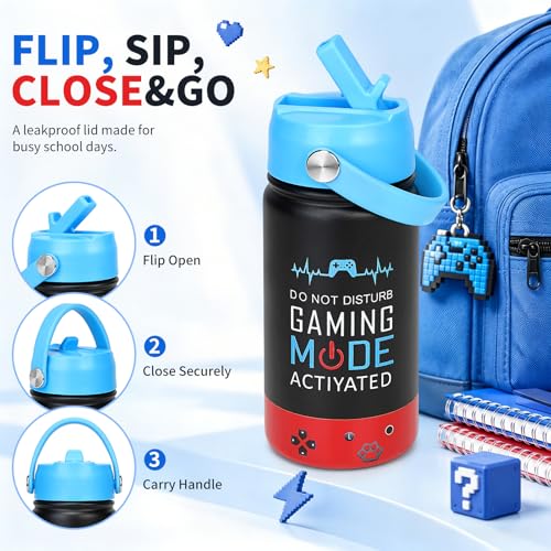 Image of Kids Insulated Water Bottle with Straw Lid, 14oz Double Wall Vacuum Stainless Steel Tumbler, Leak Proof Reusable Metal School Cup for Boys Girls, Keep Cold 24H Hot 12H (Blue-Red-A(Pack 2))