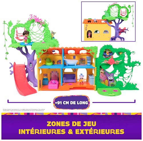 Dora - Maison Interactive De La Forêt Tropicale - 2 Figurines & 8 Accessoires - Musiques & Effets Sonores - Bilingue Français Anglais - Dessin Animé Jouet Maison De Poupée - Jouet Enfant 3 Ans Et +