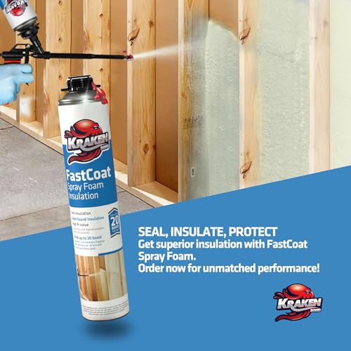 Kraken Bond Fastcoat Fire Rated Spray Foam Insulation Kit - (12x27.1 oz.) Closed Cell Expanding Polyurethane Foam - Heat and Acoustic Insulation, Gun & Cleaner Includes, 240 Board Ft, 12 Pack