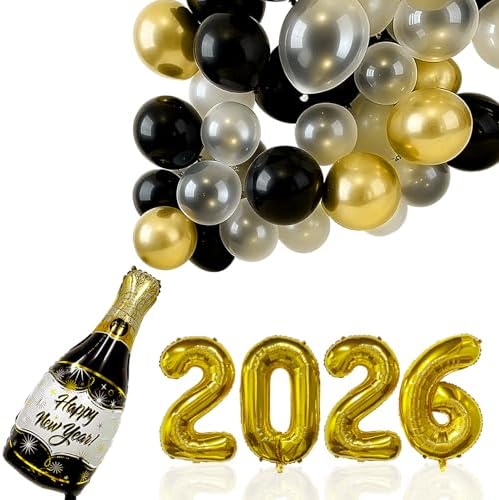2026 New Year Eve’s Party Supplies Balloons Include Golden Larger 32 inch 2026 Balloons, Black Gold and White Balloons, Champagne Bottle for 2026 Happy New Year Eve Party Celebration Decoration