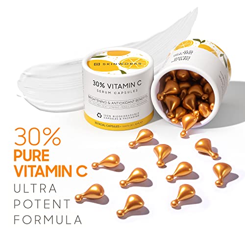 Skinworks Ultra Potent 30% Vitamin C Serum For Face, Vitamin E Ferulic Acid Facial Glow Serums For Brightening, Dark Spots, Anti-Wrinkle, Anti-Aging, Unscented, 30 Capsules, 0.61 Fl Oz (Biodegradable) #TOP5