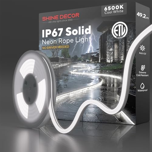 Shine Decor Outdoor Neon Rope Light IP67 Waterproof, ETL Listed Plug&Play 120V Driverless Flexible Solid Silicone LED Neon Lighting, -40 F Cold Resistant Durable for Pathway, 10ft 6500K Cool White Shine Decor Outdoor Neon Rope Light IP67 Waterproof, ETL Listed Plug&Play 120V Driverless Flexible Solid Silicone LED Neon Lighting, -40 F Cold Resistant Durable for Pathway, 10ft 6500K Cool White