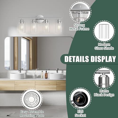 Image of Bathroom Vanity Light Fixtures Polished Chrome,4 Lights Rustic Farmhouse Vanity Bar Lighting Over Mirror Modern Industrial Wall Sconces Lamp with Cylinder Glass Shade