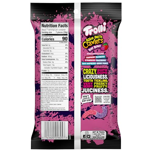 Image of Trolli Sour Brite Crawlers Very Berry Candy, Sweet & Sour Worms, 7.2 Ounce (Pack of 8)