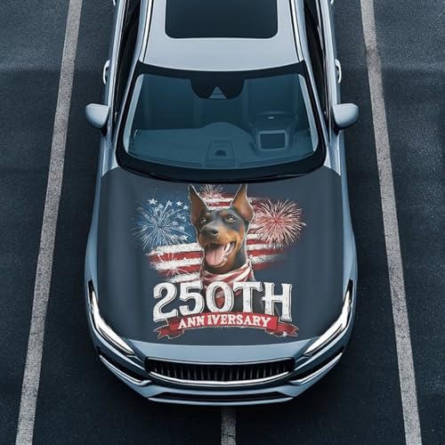 Image of Doberman Dog USA 250th Anniversary Print Car Hood Cover, Portable Car Bonnet Banner All-Season Engine Cover, Outdoor Indoor Foldable Protective Covers, Universal for SUV Van