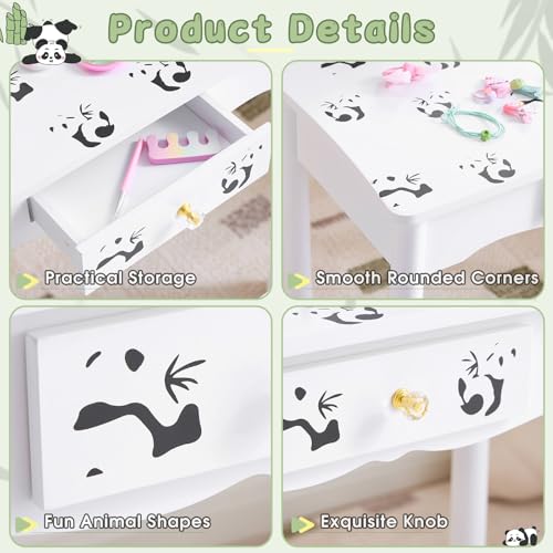 Image of Vanity Set,ShyneeMakeup Dressing Vanity Set Wooden Princess Makeup Table with Cushioned Stool,Drawer,Wooden Legs and Mirror, Make Up Dressing Play Set for Girls (Black and White Panda)