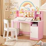 Betterhood Kids Study Desk and Chair Set, Kids Desks with Hutch and Tiltable Desktop, Wooden Children Study Table for 5-12 Years Old, Student Writing Desk for Bedroom (Pink)