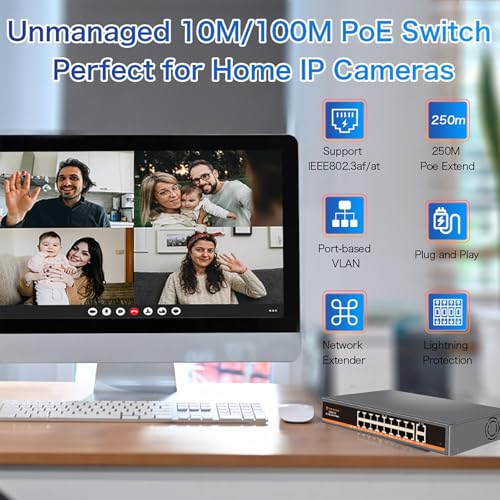 Image of 18 Port Unmanaged PoE+ Switch, 16 POE+ Ports & 2 Gigabit Uplink Ports, IEEE 802.3af /at Compliant, Up to 250W Power, 250m Extended Distance, Metal Design, Plug & Play