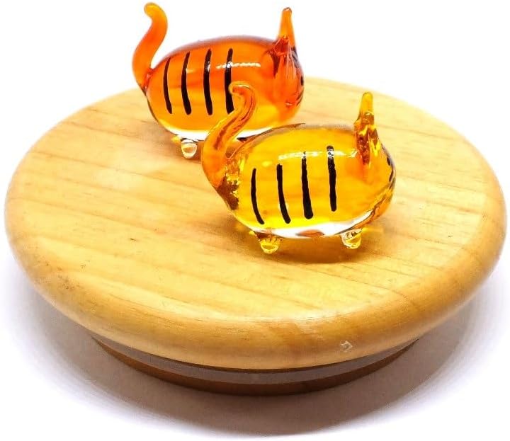 (Bundle of 2) Handmade Mini 2" Cat Figurine Blown Glass Art Chopstick Rest Dinner Decoration, Miniature Pet Animals, Home or Table Decor Gift Ideas (Yellow and Orange No.5)