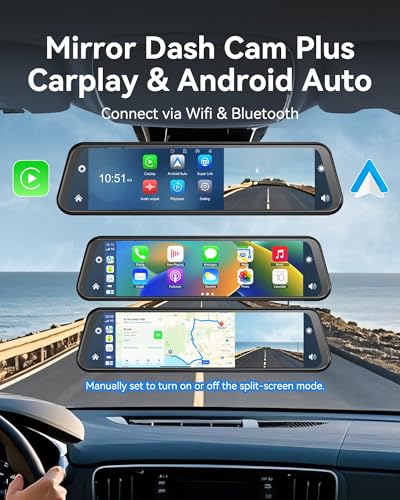 12\'\'4K Rear View Mirror Camera with CarPlay&Andorid Auto,Mirror Dash Cam Front and Rear for Car Truck with Voice Control&Split Touch Screen, Rerverse Assist/Loop Record/G sensor/64GB Card Included - Thumbnail 2