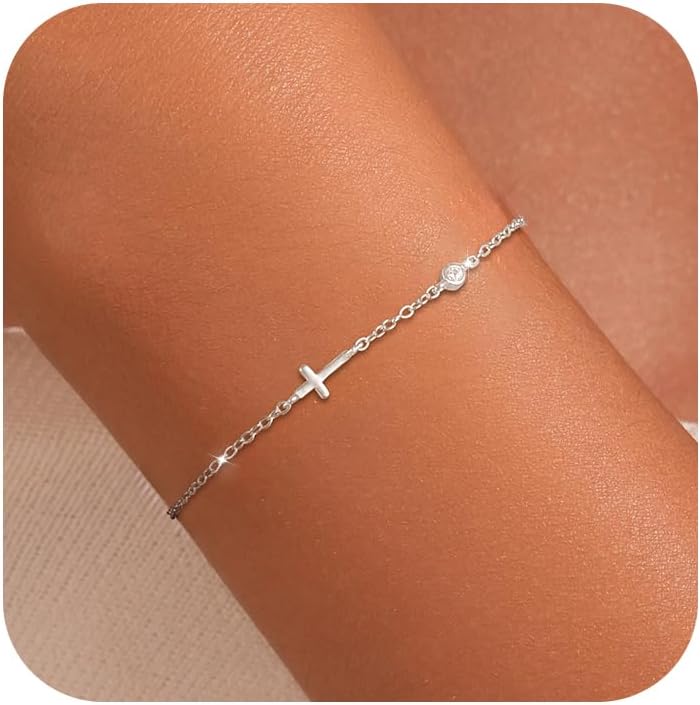 Dainty Cubic Zirconia Cross Bracelet for Women 925 Sterling Silver Faith Jesus Christian Bracelets 14K Gold Plated Charm Bracelet Religious Jewelry Easter Baptism Christian Gifts