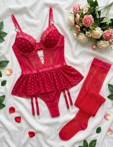 Image of Alrovetoney Women Lingerie Set Naughty Lace Bodysuit High Waisted Underwire Lingerie Babydoll With Garter Belt and Stockings