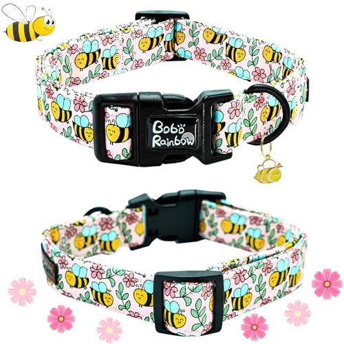 Image of Dog Collar, Cute Bee Adjustable Pet Collars Spring Soft Comfortable Cotton Puppy Collar Pink Flower Necklace Gift Collars for Large Dogs