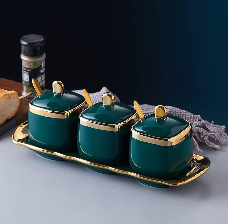 JRM 3Pcs Condiment Jar Condiment Seasoning Pot with Ceramic Tray, Serving Spoon and Lid for Tea Sugar Coffee Salt Pepper and Spices (Green) (B0BR48L651) Amazon Price History, Amazon Price Tracker