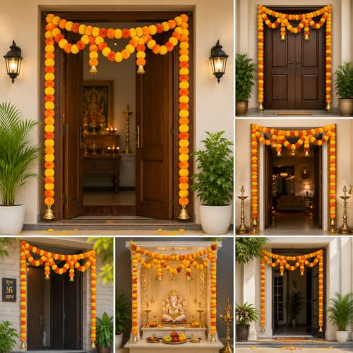 Image of iHandikart Handmade Pack of 2 Artificial Marigold Bandanwar with Bells 57 x 36 Inch for Door Decoration Multicolor Traditional Toran for Makar Sankranti, Lohri, Home Decor & Housewarming(IHK-31360-2)