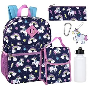Trail maker Girls 6 in 1 Backpack and Lunch Box Set for School with Pencil Case, Water Bottle, Keychain Attached for Kids