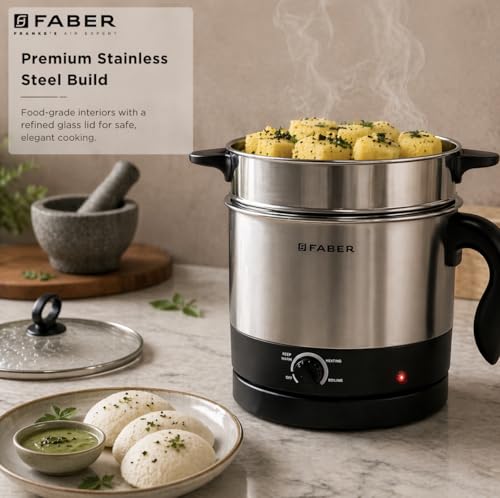 Image of Faber 600W 1.2L Multi Cooker + Steamer|Cook Noodles, Rice, Soup, Baby Food, Boil Veggies & Eggs|Steam Momos|SS204 Container & Steamer, Egg Boiler Stand, Lid|Temp Control Knob|FMC1.2L PRO Steamer SS