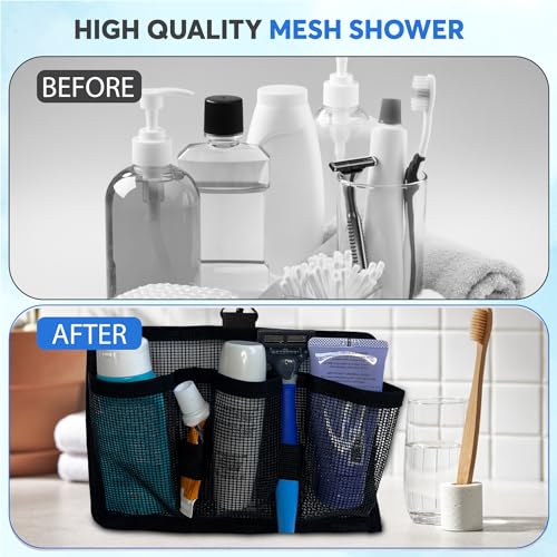 Generic Hangable Mesh Shower Travel Kit Caddy - Large Capacity Travel Organizer with 3 Compartments and 2 Elastic Bands (black) (Swivel Hook)4