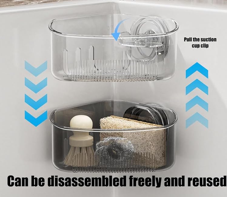 Suction Cup Sink Corner Rack, Plastic Sink Storage Rack Holder, Triangular Sinks Basket, Food Waste Catcher for Sink with Fine Mesh Drain Hole, for Kitchen and Bathroom,All