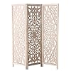 Daisy Mandala Room Divider Carved Floral Motifs 3 Panels Natural Mango White Wash Distressed Finish Wood Frame Approx 6 Feet Tall 715 Inches