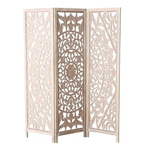 Daisy Mandala Room Divider, Carved Floral Motifs, 3 Panels, Natural Mango, White Wash, Distressed Finish, Wood Frame, Approx. 6 Feet Tall, (71.5 Inches) Daisy Mandala Room Divider Carved Floral Motifs 3 Panels Natural Mango White Wash Distressed Finish Wood Frame Approx 6 Feet Tall 715 Inches