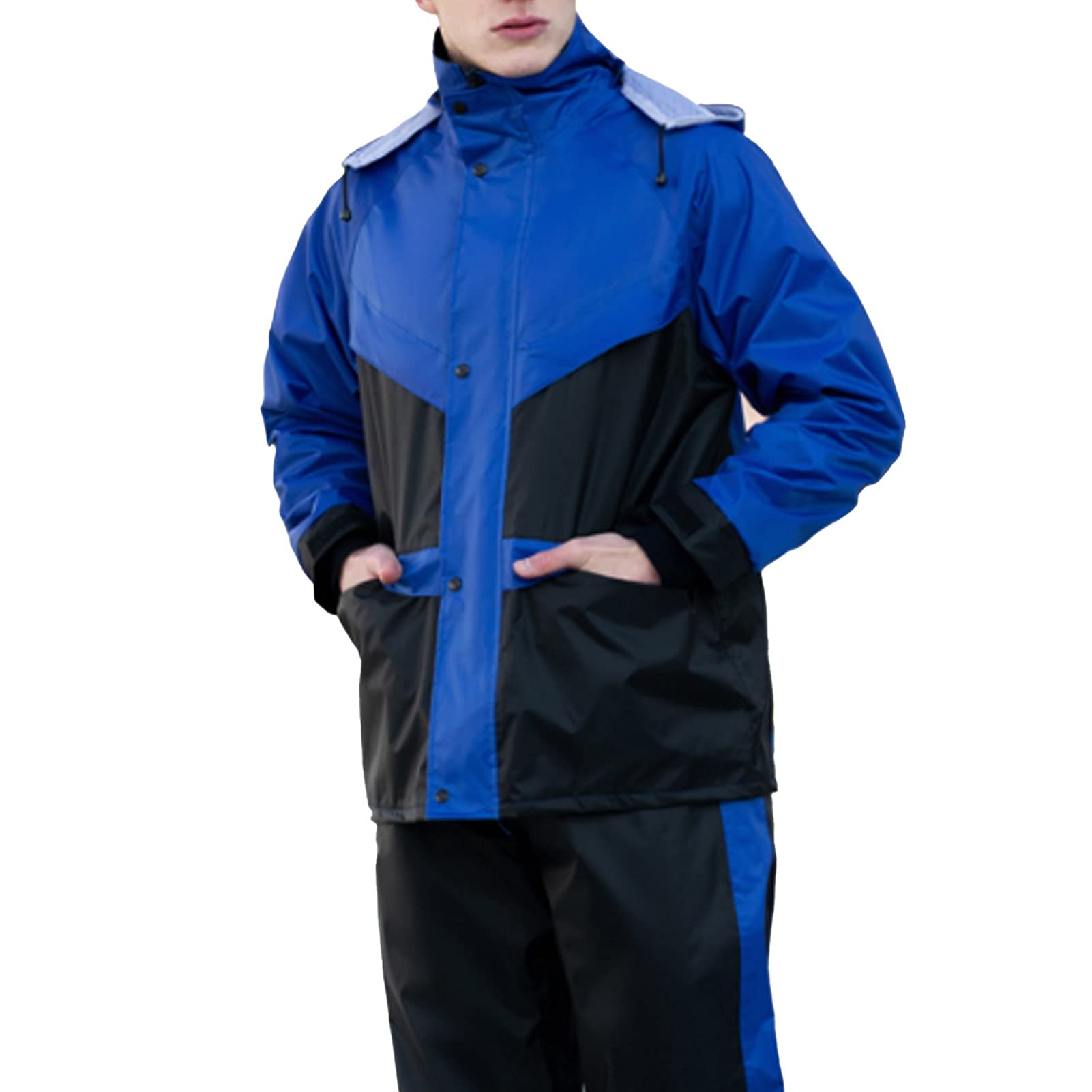 Giacca spaccata impermeabile e tuta del pantaloni, uomo da donna con cappuccio moto da equitazione per la pesca all'aperto