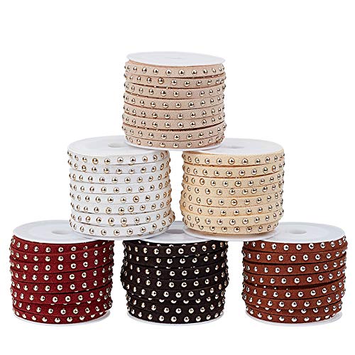PH PandaHall Faux Leather Beading String Rivet, 6 Rolls 5mm Flat Micro Fiber Suede Leather Cords Lace Studded Velvet Beading String with Punk Golden Rivet, 5.5 Yard per Roll 6 Colors for Accessory