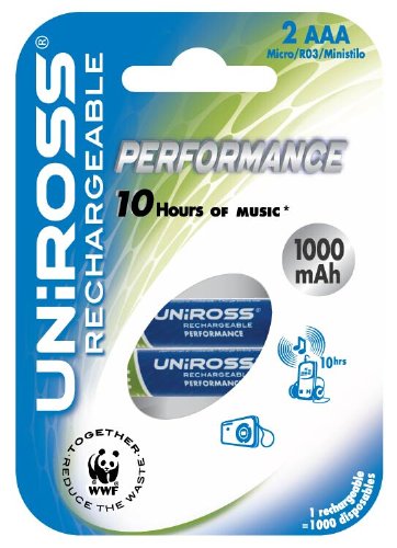 Uniross Performance Blister de 2 AAA Piles rechargeables NimH pour Appareil photo 1000 mAh