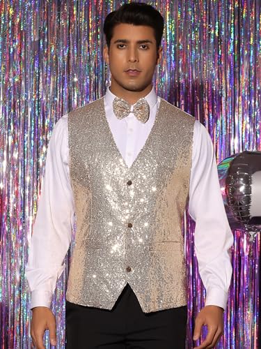 Lars Amadeus Men's Sequin Waistcoat Shiny Sleeveless Party Prom Dress Suit Vest with Bow Tie2