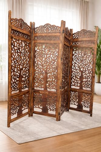 Image of Wooden Handcrafted Wooden Partition for Room Carved Premium Carved Wooden Partition Screen for Bedroom /Living Room /Home /Office (6 Feet 4 Panel New Tree Design) (6 Feet 4 Panel Brown)