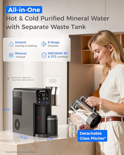 Image of Waterdrop M6CG Hot and Cold Mineral Reverse Osmosis Water Filter Countertop | 8-Stage, Certified to NSF /ANSI 58 & NSF /ANSI /CAN 372, 59-203F Water, 3:1 Pure to Drain, Glass Pitcher, BPA-Free