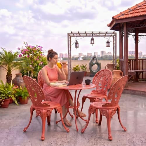 Image of BRISHI Cast Aluminium Garden Patio Seating Chair and Table Set for Balcony Outdoor Furniture with 1 Table and 4 Chair Set (Red)