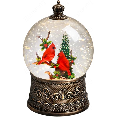 Blansong Cardinal Snow Globes Christmas Decorations Auto Snowfall Glitter Music Collection Tree with 6H Timer USB/Battery Powered 105mm Globe