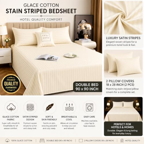 Image of Satin Striped Glace Cotton Double bedsheet with 2 Pillow Cover | Soft & Smooth Finish | Double Bed bedsheet 90 x 90 Inch | Pillow Cover 18 x 28 Inch | Breathable, Fade Resistant