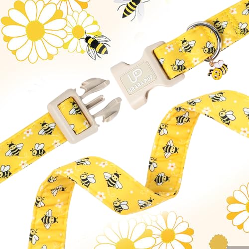 Image of Summer Bee Dog Collar, Cute Bee and Floral Pattern Cotton Adjustable Pet Collar with Durable Quick Release Buckle, Soft Lightweight for Small Medium Large Dogs
