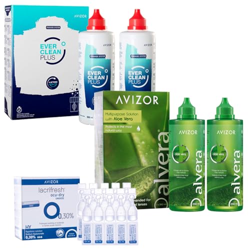 Pack Cuidado Lentillas: Ever Clean Plus 2x350ml + Alvera 2x350ml + Lacrifresh Ocu-Dry 20 monodosis | Limpieza, Hidratación y Alivio