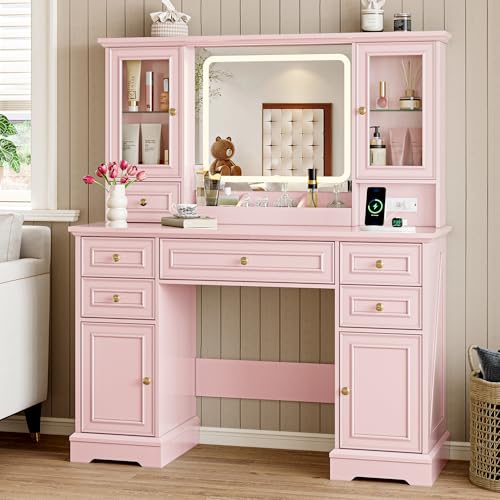 BORNOON Vanity Desk with Lights, Large LED Mirror with 3 Color Modes, Makeup Vanity with Power Outlet & USB Ports, 6 Drawers & 2 RGB Glass Cabinets, Farmhouse Dressing Table for Women & Girls (Pink)