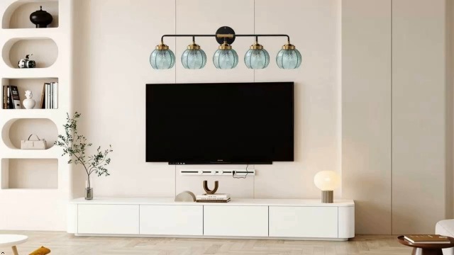 Image of 5-Light Bathroom Vanity Light Green Wall Lights Glass Globe Shade