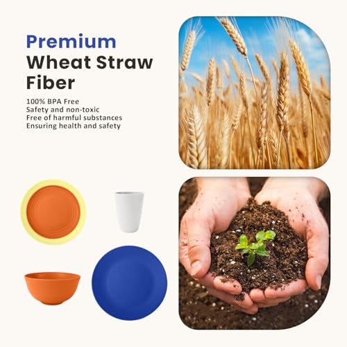 Image of Homienly 40-Piece Wheat Straw Dinnerware Sets, Unbreakable Reusable Dinnerware Set, Service for 8, Kitchen Cups Plates and Bowls Set, Dishwasher Microwave Safe Dishes Set for Camping, Party - Mondrian