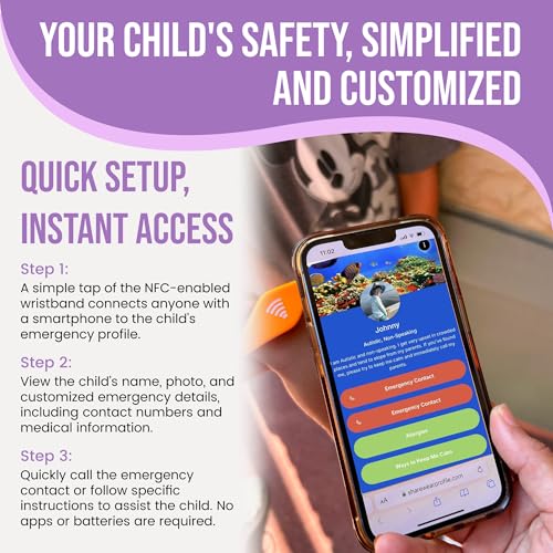 Image of Kids ID Bracelet - Fitted NFC Safety Wristband, Slip-On Child ID Band for Emergency Contact Info, Waterproof Silicone, Not GPS, Wear on Wrist or Ankle, Ideal for Theme Parks, Travel & Beaches
