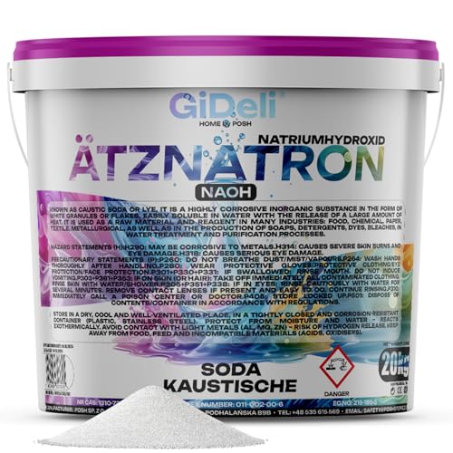 GiDeli Hidróxido de sodio en copos de 20 kg, producto químico de limpieza, color blanco, limpiador de desagüe, limpiador de desagües, hogar, industria, soda caustica, 99,9%, para fabricación de jabón