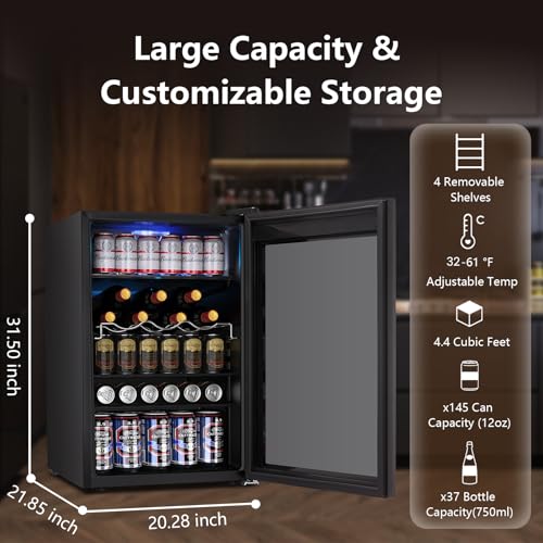 Image of Electactic 4.4 Cu.ft Beverage Refrigerator Cooler, 145 Can Mini Fridge Glass Door with Adjustable Shelves, Digital Temperature Display, Freestanding Small Drink Fridge for Home, Office or Bar(Black)