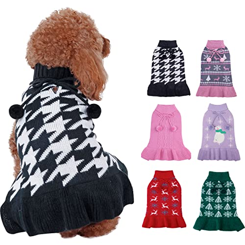 CuteBone Hundepullover-Kleid mit Hahnentritt-Muster, gestrickt, mit Craft-Pom-Pom-Ball-Pullover, Rüschenkleid für kleine Hunde DS44S-DE Cover