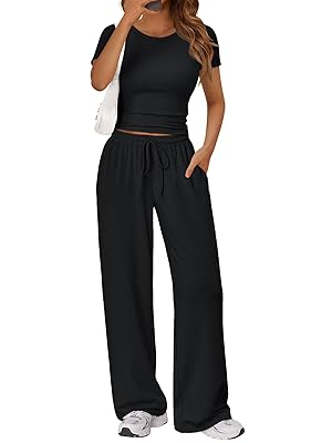 Trendy Queen 2 Piece Matching Summer Sweatsuit Lounge Set Womens Wide Leg Pants Side Ruching Crop Top Sets