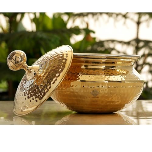 Image of INDIAN ART VILLA Brass Handi for Cooking with Tin Lining Inside, Degchi /Sipri, Ideal for Biryani, Cooking & Serving, Premium Brass Utensil, Volume - 4600 ml