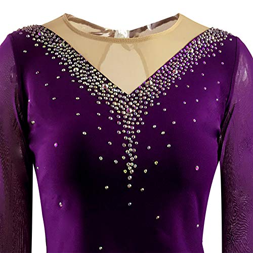 LIUHUO Mädchen Eiskunstlaufkleid Stretch Mesh Diamant Haken Ärmel in Vier Farben, Violett, M
