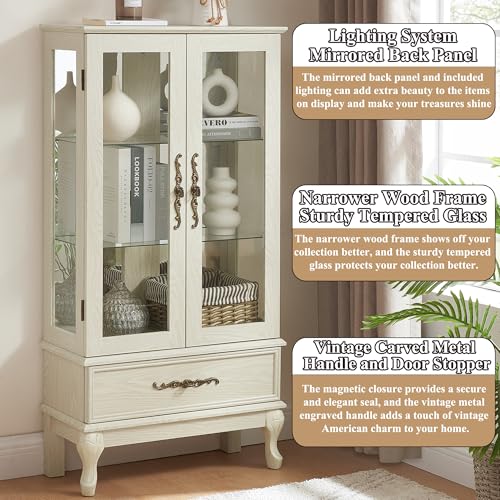 Image of 51 inch H Lighted Curio Cabinet Display Case, Glass Curio Cabinet with Adjustable Shelves,Tempered Glass Door and Drawer, Wooden Cabinets w /Mirrored Back Pane for Living Room (Antique White)