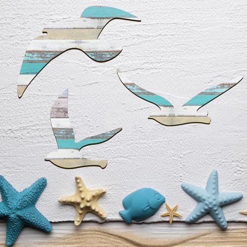 HINGTAI 3Pcs Wood Seagull Beach Wall Decor, Wall Art Beach Decorations Nautical Self-adhesive Seagull Decorations Coastal Themed Decors, Beach Seagull Ocean Decorations for Home Bedroom Living Room - Image 3
