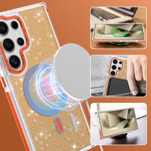 Image of Magnetic Case for Samsung Galaxy S24 Ultra [Compatible with Magsafe] [Bling Glitter Fluorescent Design] [1 Screen Protector] Slim Translucent Matte Case for Galaxy S24 Ultra 6.8 inch, Orange